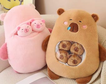 Set de peluches de capibara. Lindo peluche con bebé dentro. Almohada kawaii. Regalo para niños. Decoración de cumpleaños. Altura: 40 x 45 cm.
