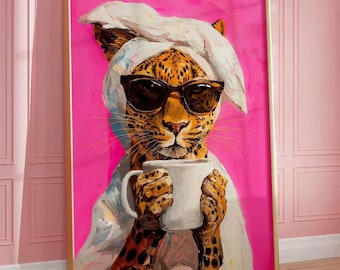 Cuadro decorativo de leopardo colorido para pared, impresión en lienzo, decoración para amantes del café, póster maximalista para sala de estar.