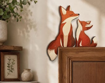 Decoración de esquina de puerta con zorro de madera, juego de zorro madre y bebé, arte de pared, decoración rústica de animales para guardería infantil