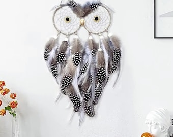 Atrapasueños de búho para colgar en la pared, decoración bohemia, atrapasueños de plumas, decoración nórdica para dormitorio, regalo espiritual para el hogar - 48 cm