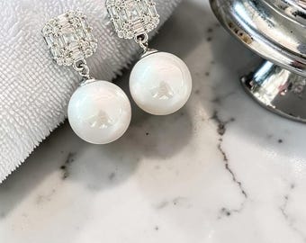 Pendientes de perlas colgantes, pendientes de circonita, joyería nupcial elegante, pendientes para invitadas de boda, joyería de perlas de lujo