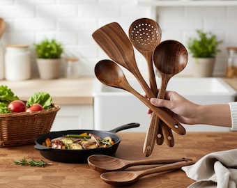 Juego de utensilios de cocina de madera de teca, utensilios de cocina de madera hechos a mano, juego de cucharas para servir, herramientas de cocina de madera natural