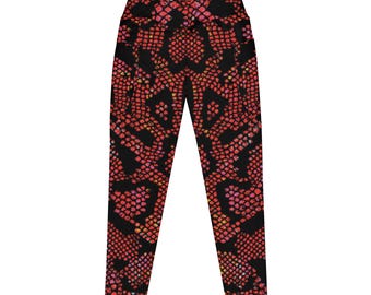 Leggings met rode en zwarte slangenprint, verkrijgbaar in maat 2XS t/m 6XL.