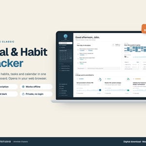 May include: A digital goal and habit tracker dashboard displayed on a laptop screen. The interface features a dark sidebar, a calendar, task lists, and progress charts. Text includes Aimtide Classic, Goal & Habit Tracker, and Good afternoon, John.