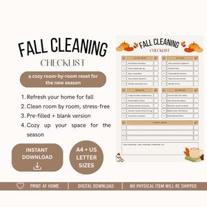 Può includere: Una lista di controllo digitale per le pulizie autunnali con sezioni per soggiorno, cucina, camera da letto e bagno. Il design include illustrazioni di zucche, caselle di controllo e il testo Fall Cleaning Checklist e A4 + US Letter Sizes.