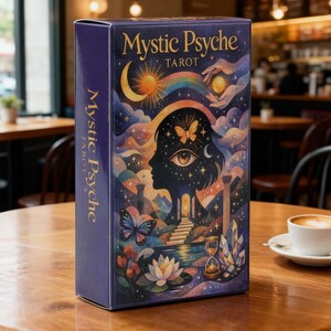 Puede incluir: Una caja rectangular de cartas de tarot Mystic Psyche con fondo azul oscuro, que muestra la silueta de una cabeza con un ojo grande, una mariposa y estrellas. El diseño incluye un sol, una luna, un arcoíris, una flor de loto, un reloj de arena y columnas.