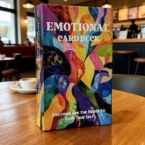 May include: A rectangular card deck box titled Emotional Card Deck with white text on a vibrant, multicoloured abstract background featuring swirling shapes in red, yellow, blue, purple, and green. The side text reads Let your emotions be the guide for your growth and find your true self, and the bottom text reads Emotions are the bridge to your true self.