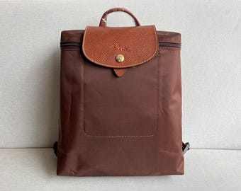 Longchamp Brown Backpack – Lightweight Nylon Backpack with Brown Leather Trim, Classic Travel & Everyday Backpack for Women
