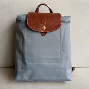May include: A light grey backpack featuring a brown textured leather flap with a gold-tone snap button closure. The bag includes a top handle, a zippered main compartment, and a rectangular front panel design with clean stitching throughout the body.
