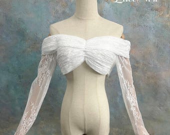 Off Shoulder Ruched Lace Detachable Bridal Cover Up, Floral Sheer Lace Wedding Bolero