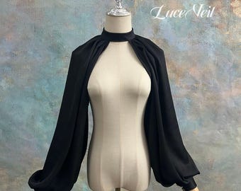 Black Chiffon Satin High Neck Balloon Sleeve Bridal Bolero, Puff Sleeve Black Wedding Cover Up