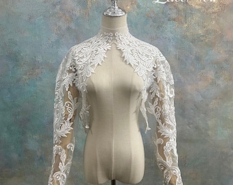 Leaf Scroll Applique Lace Bridal Bolero, High Neck Long Sleeve Sheer Tulle Bridal Cover Up