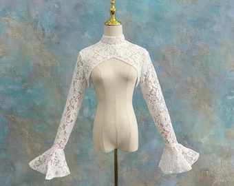 High Neck Lace Bridal Bolero, Vintage Flared Bell Sleeve Wedding Shrug