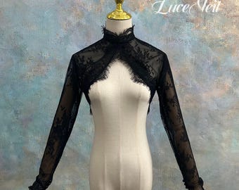 Gothic Black Floral Lace Bridal Bolero, Long Sleeve Eyelash Lace Bridal Cover Up