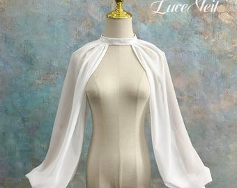 High Neck Chiffon Balloon Sleeve Bridal Bolero, Sheer Puff Sleeve Wedding Shrug