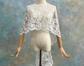 Floral Lace Bridal Cape, Scalloped Eyelash Lace Bridal Shrug