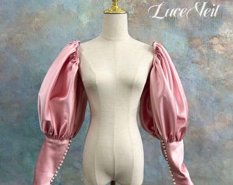 Dusty Pink Satin Puff Detachable Bridal Sleeves,  Off Shoulder Voluminous Balloon Satin Bride Sleeves