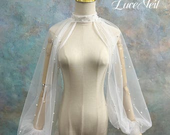 Pearl Scattered Sheer Tulle Bridal Bolero, High Neck Balloon Puff Sleeve Wedding Shrug