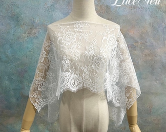 Floral Eyelash Lace Bridal Cape Shawl, Sheer Lace Wedding Shoulder Wrap, Scalloped Lace Bridal Cover Up