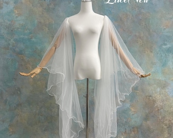 Floating Ruffle Tulle Cape Sleeves, Detachable Bridal Sleeves