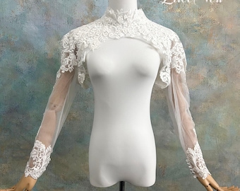 High Neck Baroque Lace Long Sleeve Bridal Bolero, Sheer Tulle Lace Bridal Cover Up