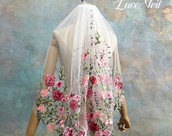 Pink Floral Embroidered Veil, Colorful Rose Tulle Bridal Shoulder Veil, Boho Garden Floral Wedding  Veil