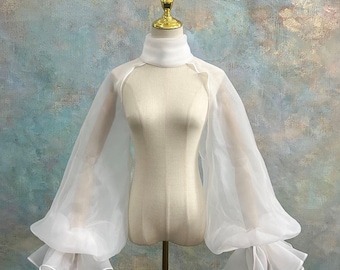 Organza High Neck Bolero with Flowy Bell Sleeves, Sheer Bridal Shrug for Wedding Dres