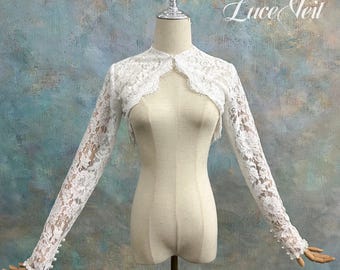 Floral Lace Bridal Bolero with Pearl Cuffs, High Neck Long Sleeve Wedding Bolero, Cropped Eyelash Lace Bridal Cover Up