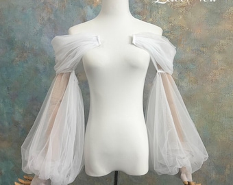 Off Shoulder Ruched Tulle Detachable Bridal Sleeves, Minimalist Fairy Tulle Removable Bride Sleeves