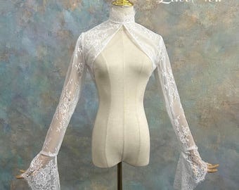 High Neck Floral Eyelash Lace Bridal Bolero, Long Flare Bell Sleeve Bridal Cover Up