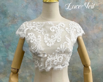 Baroque Scroll Lace Cap Sleeve Bridal Bolero, Sheer Eyelash Lace Bridal Cover Up
