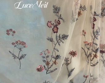 Boho Floral Embroidery Veil, Champagne Botanical Sequin Wedding Veil