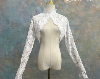High Neck Floral Lace Bridal Bolero, Long Sleeve Eyelash Lace Bridal Cover Up