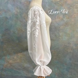 Floral Leaf Applique Detachable Bridal Sleeves, Off Shoulder Chiffon Puff Ruffle Cuff Wedding Sleeves