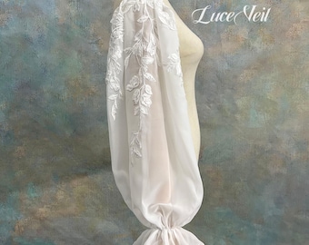 Floral Leaf Applique Detachable Bridal Sleeves, Off Shoulder Chiffon Puff Ruffle Cuff Wedding Sleeves