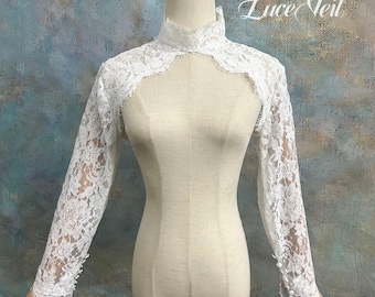 High Neck Eyelash Floral Lace Bridal Bolero, Vintage Lace Bridal Cover Up