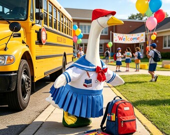 Welkom terug, Sailor Goose jurk, preppy nautische outfit met rode strik en hoed voor een 58 cm grote veranda gans, tuindecoratie voor het schooljaar