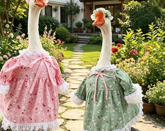 Vestido floral de renda para varanda, roupa vintage com babados e touca para ganso, roupa para estátua de ganso de 58 cm, decoração de jardim estilo cottagecore para a primavera