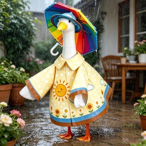 Può includere: Una stravagante statuetta di oca con un impermeabile giallo a pois bianchi, un disegno di sole e dettagli floreali. Tiene un ombrello arcobaleno e indossa un cappello blu. La statuetta è sotto la pioggia, circondata da piante in vaso.