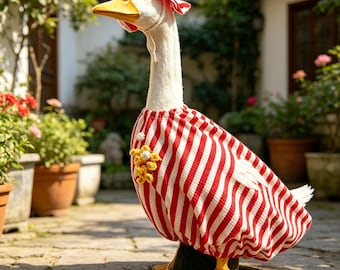 Handmade Goose Outfit: Red and White Striped Dress with Floral Embellishments, Perfect for Garden Goose Statue