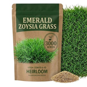 May include: A brown paper pouch labeled Emerald Zoysia Grass with text indicating 3000 seeds and USDA zones 6-10. The pouch features a graphic of green grass, and a small pile of brown seeds sits in front next to a patch of green grass.