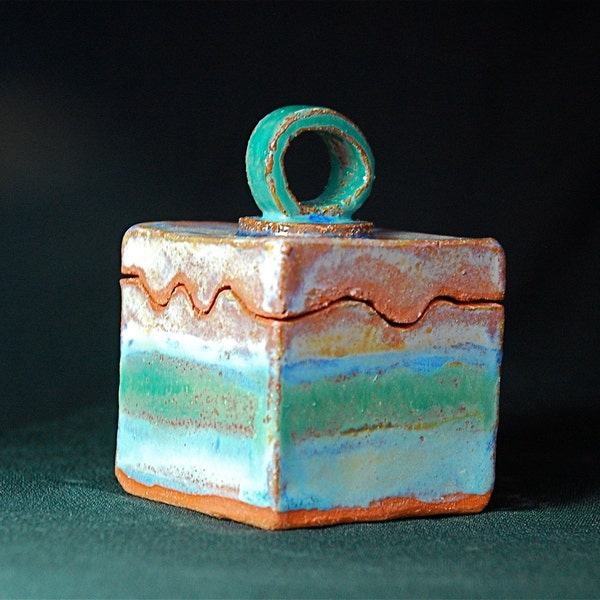Green, Blue and Tan Ceramic Gift Box/Lidded Jar
