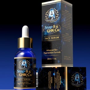 May include: A blue glass dropper bottle and a rectangular cardboard box for Snap-8 & GHK-Cu face serum. The packaging features a dark blue background with a white logo, gold text, and the volume 30ml / 1 oz. The box displays directions and ingredients.