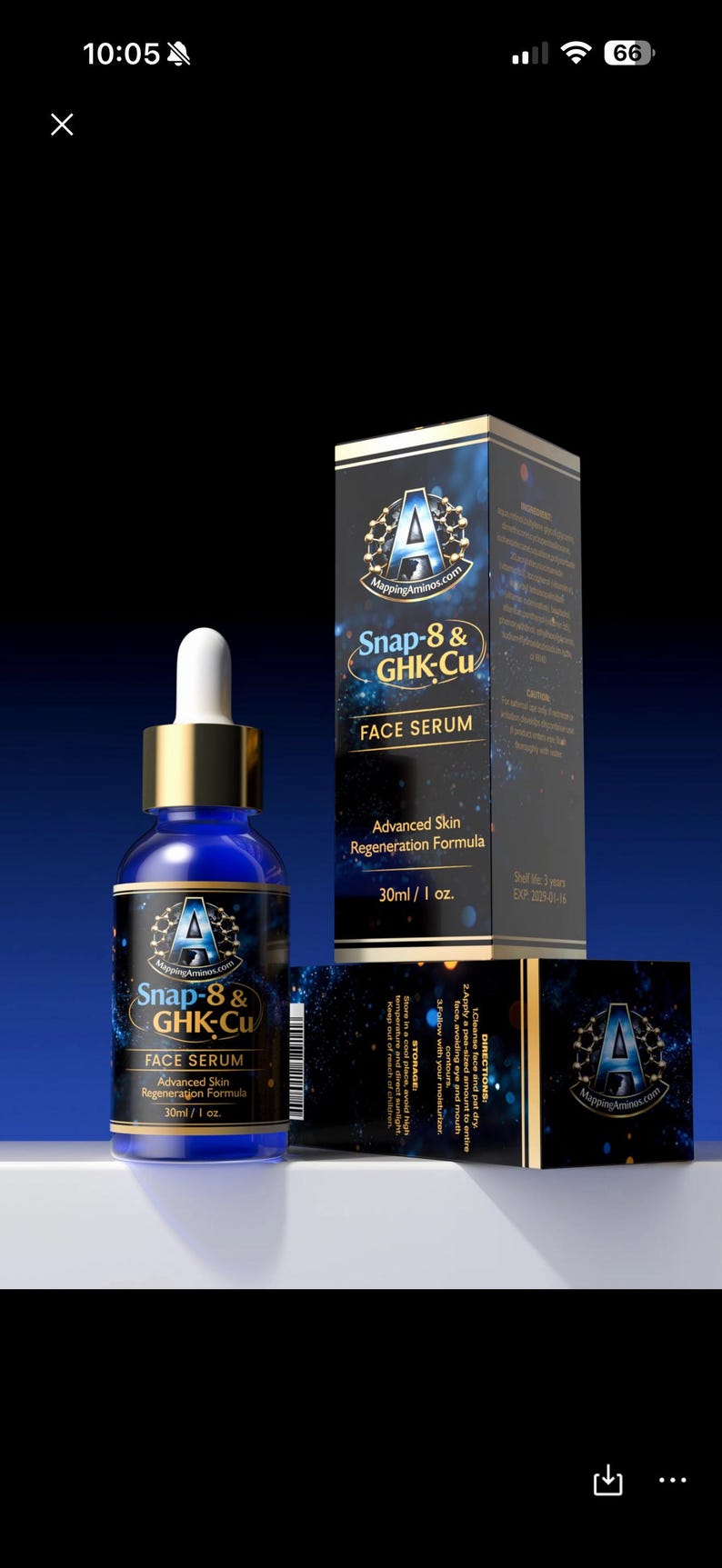 May include: A blue glass dropper bottle and a rectangular cardboard box for Snap-8 & GHK-Cu face serum. The packaging features a dark blue background with a white logo, gold text, and the volume 30ml / 1 oz. The box displays directions and ingredients.