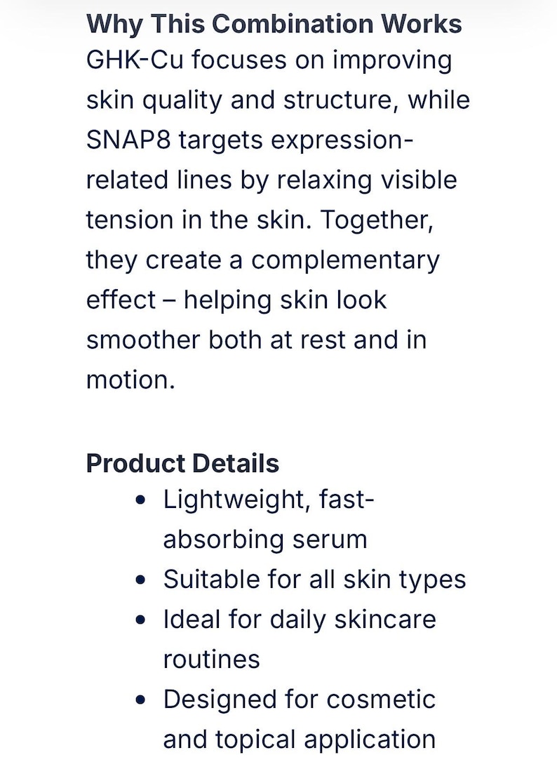 May include: A white informational card with black text explaining that GHK-Cu improves skin quality and structure, while SNAP8 targets expression-related lines. It lists product details including that the serum is lightweight, fast-absorbing, and for topical application.