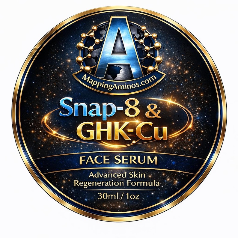 May include: A circular label for Snap-8 & GHK-Cu face serum with a dark blue starry background and gold border. It features the text MappingAminos.com, Snap-8 & GHK-Cu, FACE SERUM, Advanced Skin Regeneration Formula, and the volume 30ml / 1oz.