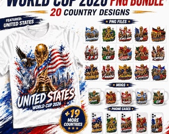 Op de afbeelding: Witte t-shirt met een afbeelding van de Wereldbeker trofee, de Amerikaanse vlag en de tekst "UNITED STATES WORLD CUP 2026." De afbeelding bevat ook PNG-bestanden, mokken en telefoonhoesjes met landontwerpen.