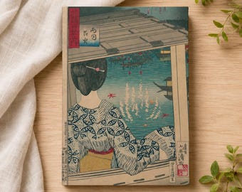 Ukiyo-e Journal: Kimono & Fireworks Japanese Woodblock Print Art | Matte A5 Hardcover Notebook | Traditional Stationery Gift | Ruled Diary