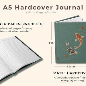 May include: An A5 hardcover journal by Kokoro Wagara Studio featuring a matte green cover with two koi fish illustrations. The journal has 150 lined pages, 75 sheets, and measures 8 inches by 5.75 inches. The pages are perforated for easy removal.