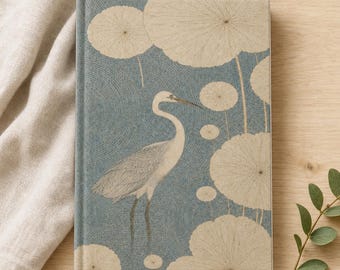Heron Lover Gift | Japanese Heron & Lotus Hardcover Journal | Vintage Woodblock-Inspired Writing Notebook